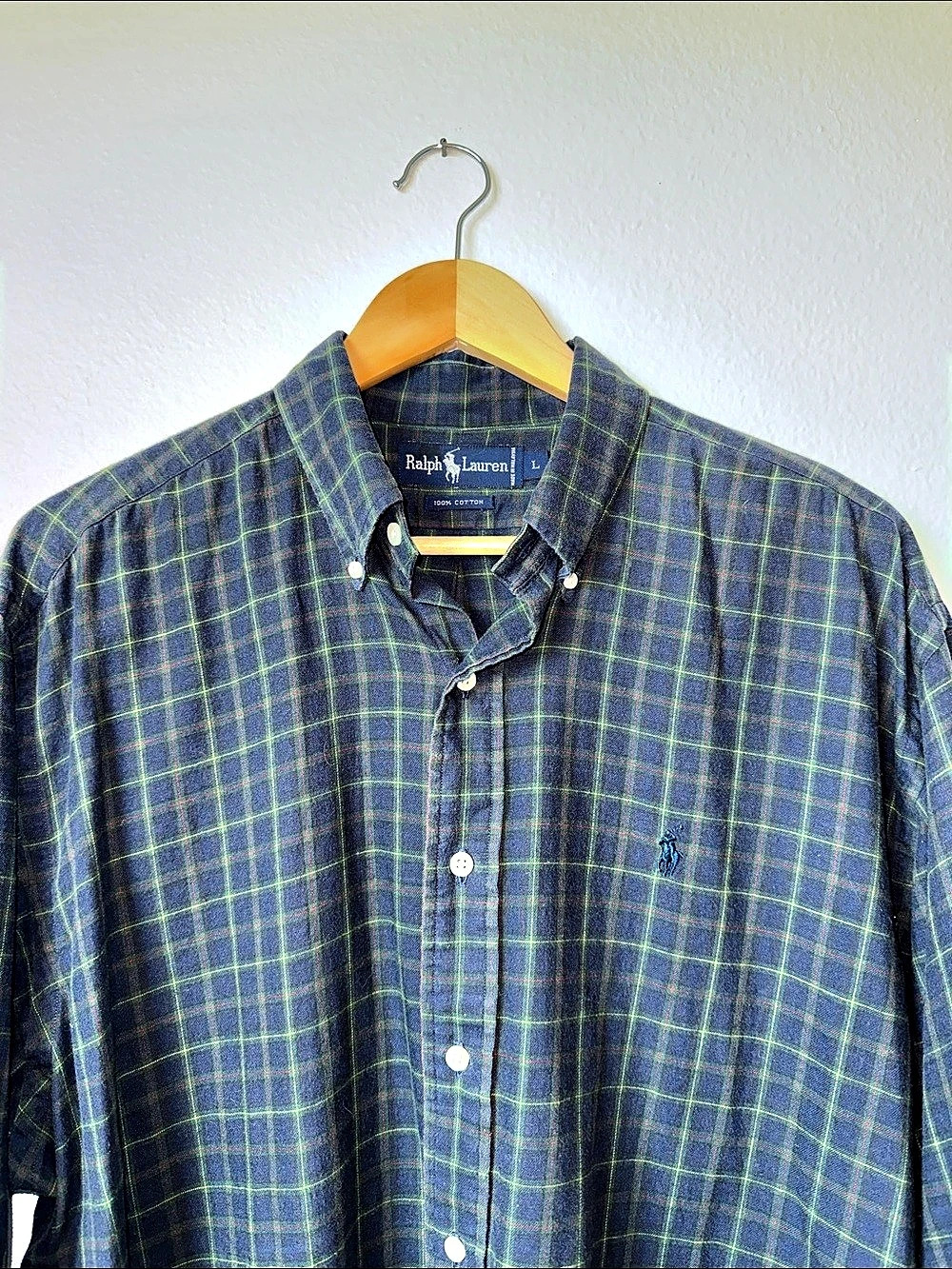 Vintage Ralph Lauren Plaid Cotton Large Shirt in Blue & Green, Like New